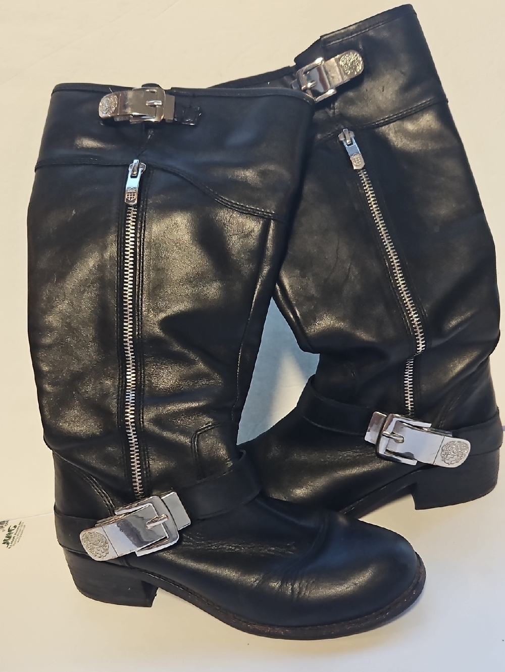 Vince Camuto Black Leather Mid-Calf Buckle & Zip Boots